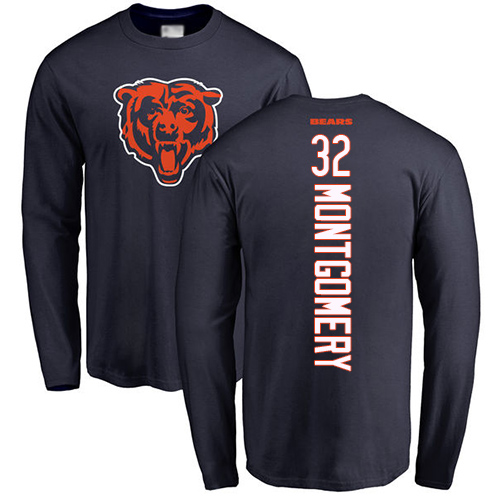 Chicago Bears Men Navy Blue David Montgomery Backer NFL Football #32 Long Sleeve T Shirt->nfl t-shirts->Sports Accessory